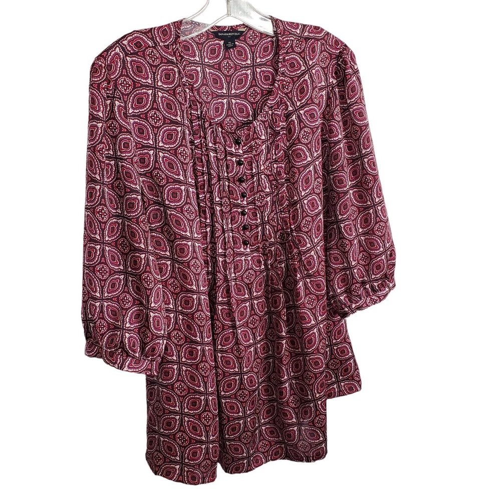 Banana Republic Size XL Blouse Half Button Peasant Puff Sleeve Pullover Maroon